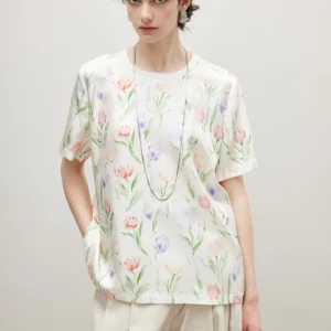 100% Silk 16 Momme Short Sleeve Printed T Shirt